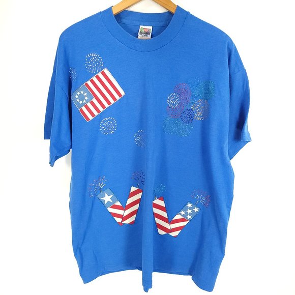 Vintage Patriotic T-Shirt Adult's XXL Blue Fruit Of The Loom Distressed USA - Picture 1 of 12